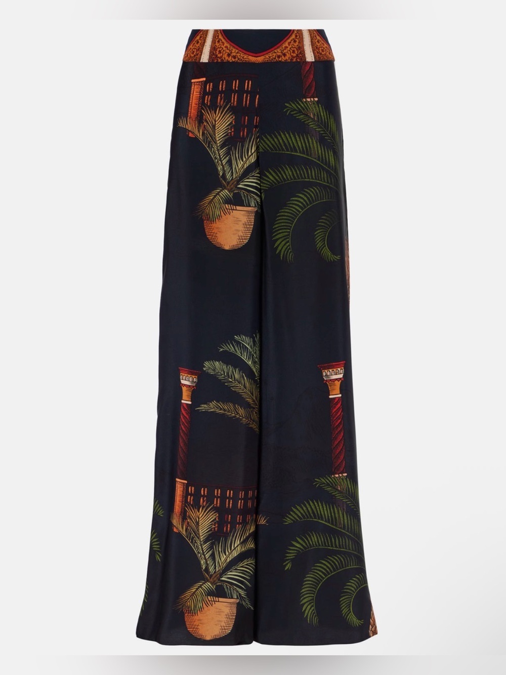 $1150 Johanna Ortiz Women's Blue Printed High-Rise Silk Wide-Leg Pants Size 6